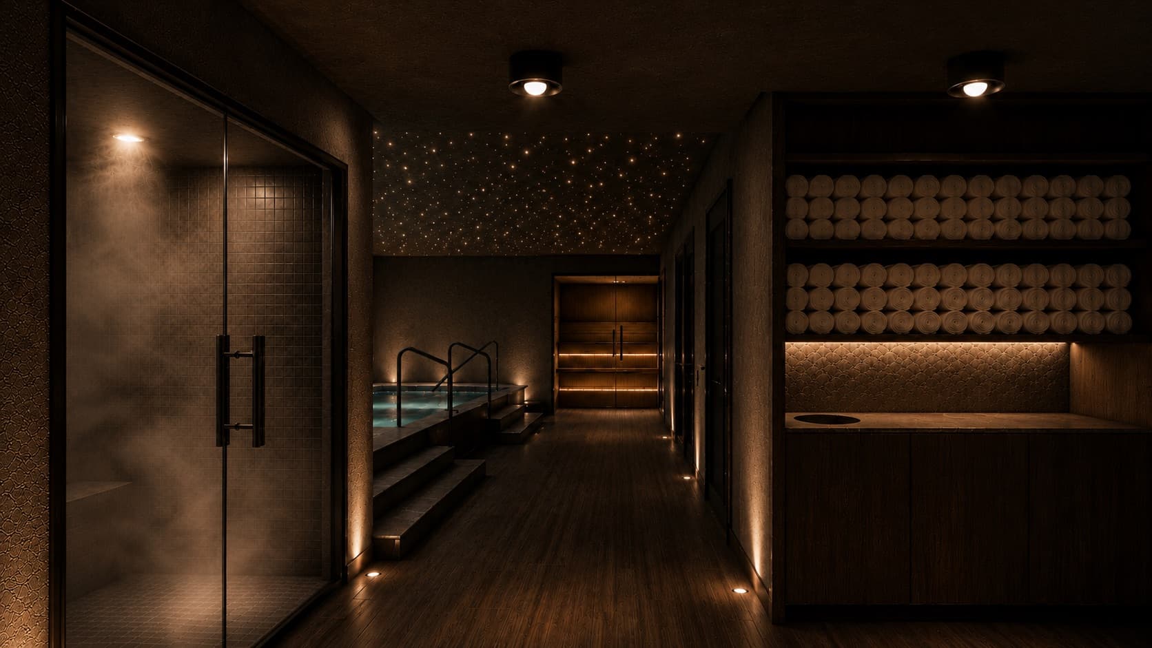 Steam room, hot tub, and rolled towels along the softly lit spa corridor at Composure Club