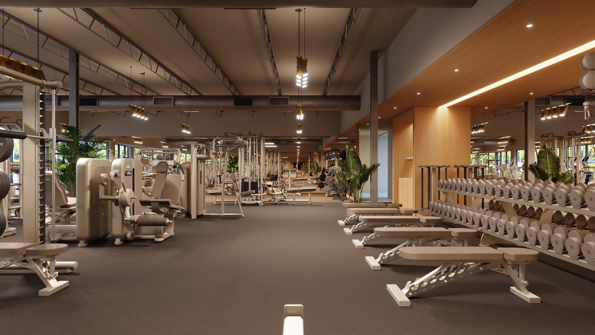 Dumbbell racks, adjustable benches, and cable machines beneath exposed trusses in the strength training facility at Composure Club